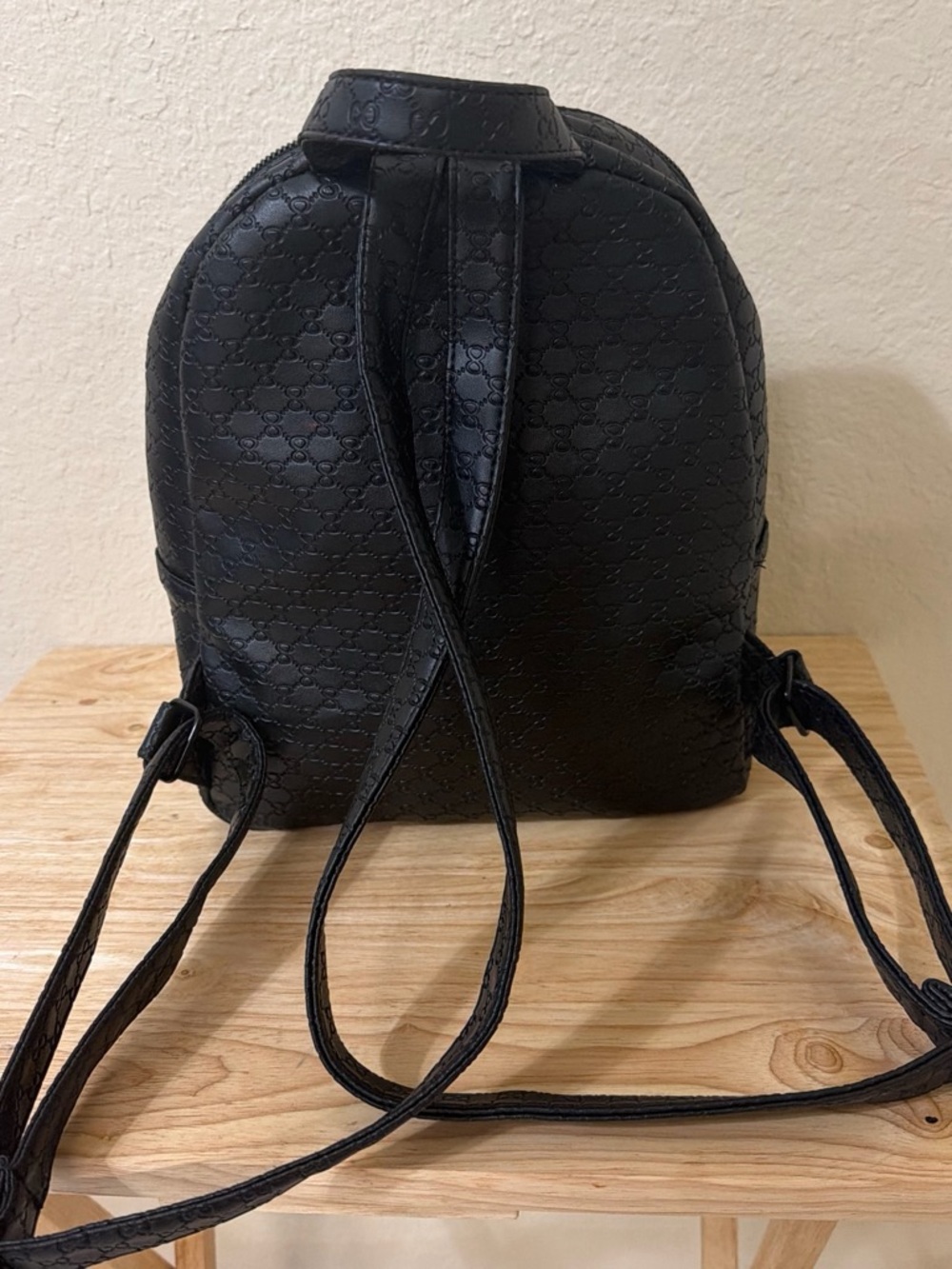 Compact Black Mini Backpack with Embossed Pattern - Picture 2 of 3